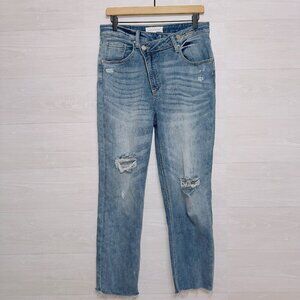 Risen Jeans Women's Crossover Light Wash High Waisted Straight Leg Ankle Jeans